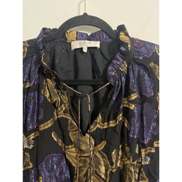 SEA NEW YORK Metallic Floral Puff Sleeve Blouse | Shimmer Dressy Top size Small - Picture 3 of 12